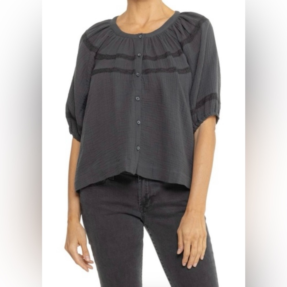 Marine Layer Wren Black Gray Puff Sleeve Gauze Button Front Blouse Small